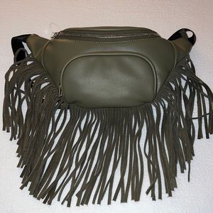 Super trendy fringe fanny pack! Brand New.  Camo green color.  Gold accents